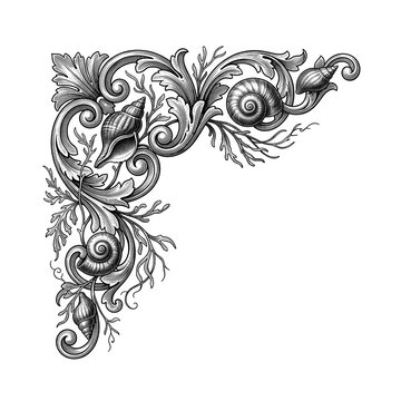 Ornamental Corner Design with Spiral Shell Motifs and Flowing Decorative Scrollwork