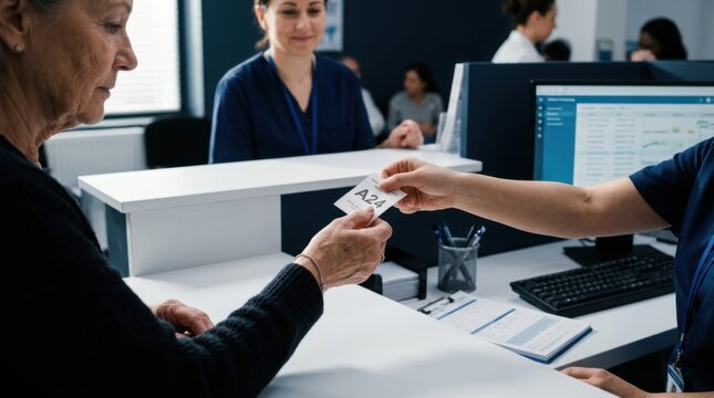 Patient Receives Queue Number At Busy Medical Reception Desk