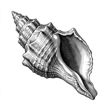 Detailed Conch Shell with Flared Opening and Elongated Siphonal Canal Isolated on White Background