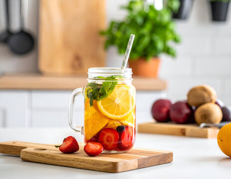 A glass mason jar filled with fruit-infused water containing orange slices, strawberry halves, and mint leaves, sitting on a wooden cutting board in a bright kitchen.