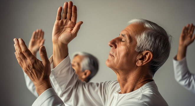 Group of Senior People Practicing Mindful Tai Chi and Qi Gong Exercises Indoors, Focus on Elderly Man with Raised Hands in Spiritual Meditation
