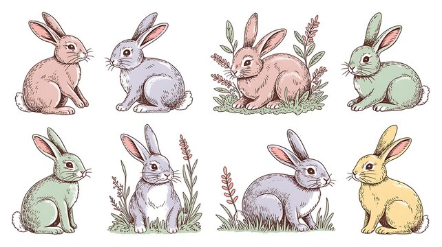 Hand-drawn vintage bunny vector set. Sketchy spring hares in pastel colors. Retro woodland rabbit lineart collection. 