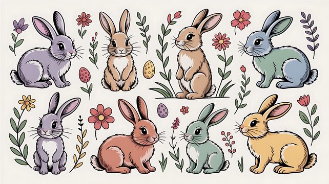 Hand-drawn vintage bunny vector set. Sketchy spring hares in pastel colors. Retro woodland rabbit lineart collection. 