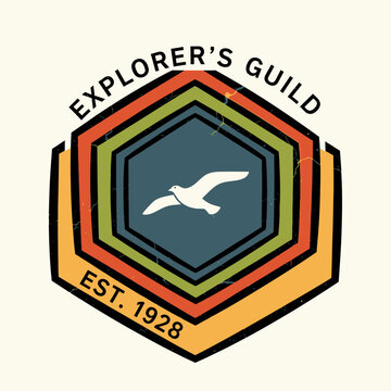 Explorer guild emblem displays a flying bird within concentric hexagons and aged texture.
