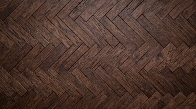 Rich dark walnut wood planks in a classic herringbone parquet pattern with natural grain textures and subtle lighting, flooring, texture, interior.