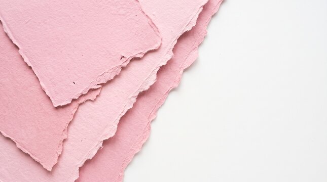 Several sheets of textured pastel pink handmade paper with rough torn edges are layered diagonally across a plain white surface, texture, craft, backg