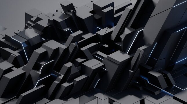 Abstract composition of dark matte grey geometric blocks and sharp panels stacked irregularly with glowing blue neon light strips, techno, 3d.