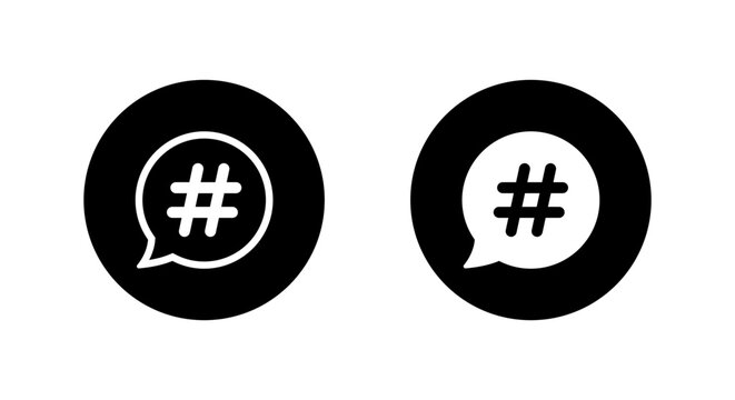 Hashtag chat icon in black circle. Social media hash tag in speech bubble symbol