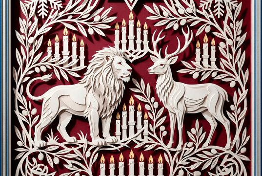 Hanukkah papercraft illustration with white lion and deer flanking a glowing menorah among floral ornament on burgundy background