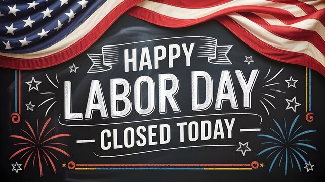 Happy labor day chalkboard sign with american flag and fireworks festive holiday announcement with text overlay, patriotic celebration concept, business closure notice for september holiday