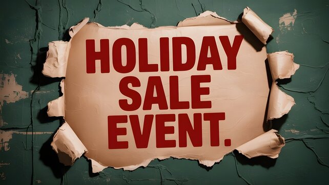 Holiday sale event sign on a torn paper background with a dark green textured wall behind it, promotional banner for seasonal shopping discounts