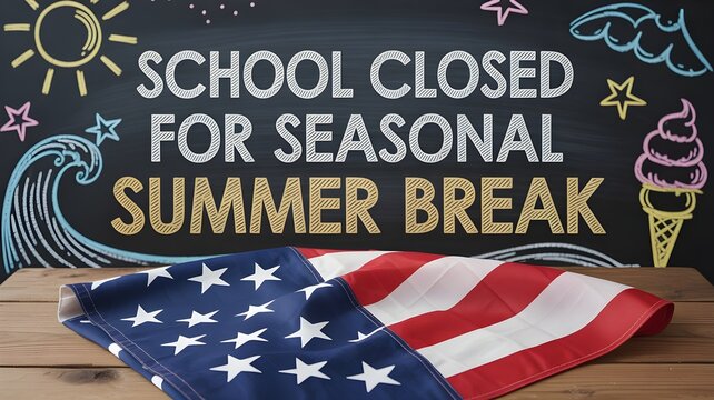 School closed for seasonal summer break sign with american flag on wooden table