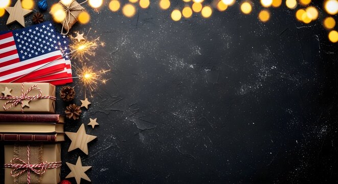 Independence day background with american flags, sparklers, gift boxes, and wooden stars on a dark textured surface with bokeh lights, top view with copy space for text