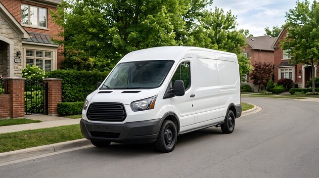White delivery van parked on a residential suburban street in front of houses during daytime