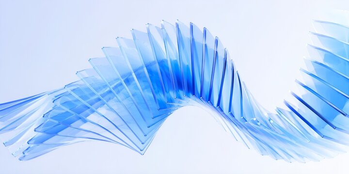 Abstract 3D render background, blue translucent glass plates arranged in a flowing S-curve wave. Modern crystal layers with light refraction and soft gradient on a clean white backdrop