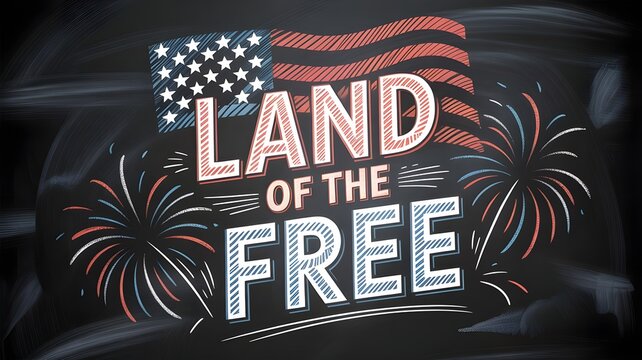 Chalkboard style illustration with american flag, fireworks, and the text land of the free for independence day celebration
