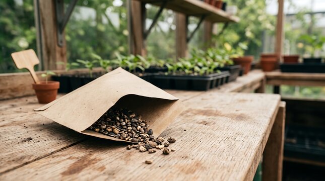 Paper Seed Envelope with Assorted Garden Seeds on Rustic Wooden Bench