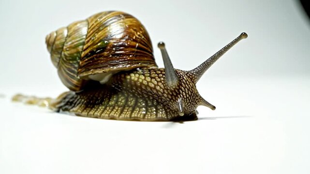 Close-up of a Common Brown Garden Snail Slowly Crawling Across a White Surface