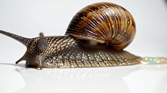 Close up view of a slow-moving snail with a brown shell, on a reflective white surface, showing details and texture