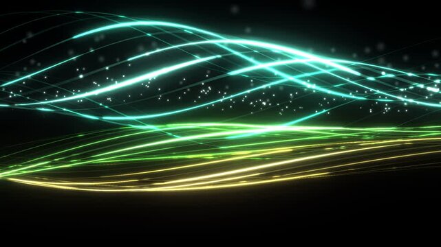 A mesmerizing continuous video of glowing, luminous light lines undulating in an ethereal, electric spectrum against a deep black background