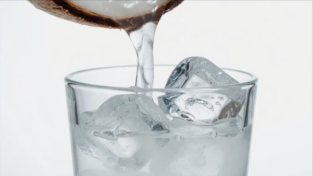 Cinematic iced drink macro background coconut water and fresh coconut milk pouring into clear glass with ice cube splash motion refreshing summer beverage closeup detail minimal white backdrop clean