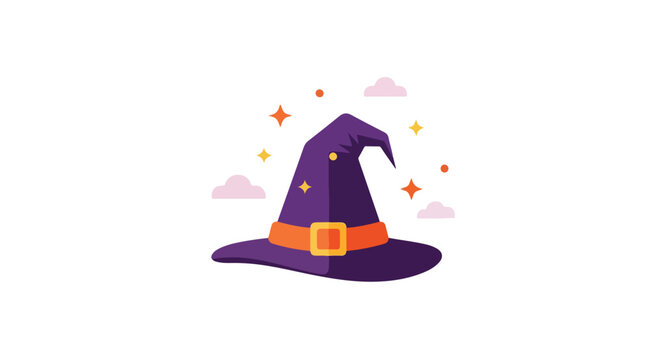 A purple witch hat with an orange band and gold buckle, decorated with magic sparkles and pink clouds on a plain white background.