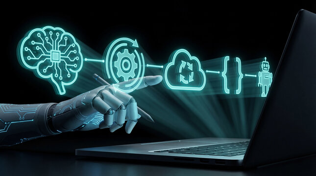 Artificial intelligence robot hand pointing at laptop screen with glowing digital icon line on dark background