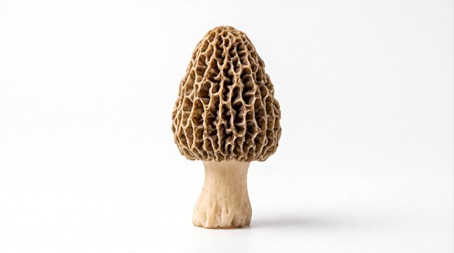 Premium fresh morel mushroom isolated on white background. Gourmet wild edible mushroom prized for culinary and fine dining applications.