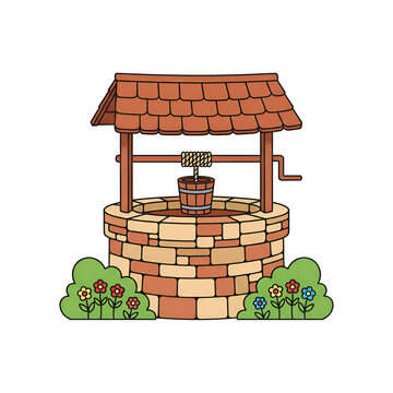 Old stone wishing well with wooden bucket, tiled roof, and flowers vector illustration isolated on white background