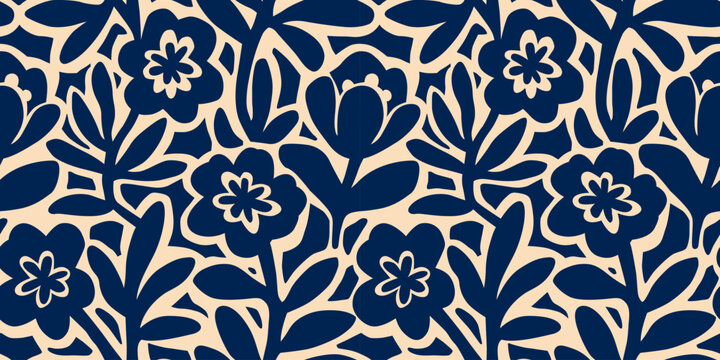 Abstract flower art seamless pattern illustration. Organic nature floral background in vintage style. Spring season decoration texture, drawing print.