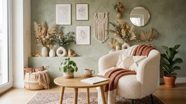 Boho Chic Living Room Interior with Cozy Armchair, Warm Green Walls, and Dried Floral Decor