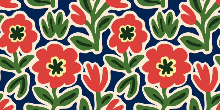 Abstract flower art seamless pattern illustration. Organic nature floral background in vintage style. Spring season decoration texture, drawing print.
