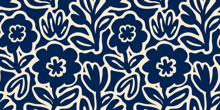 Abstract flower art seamless pattern illustration. Organic nature floral background in vintage style. Spring season decoration texture, drawing print.