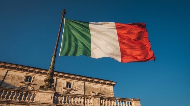 Italian Flag Waving Against Blue Sky Above Historic Palace
