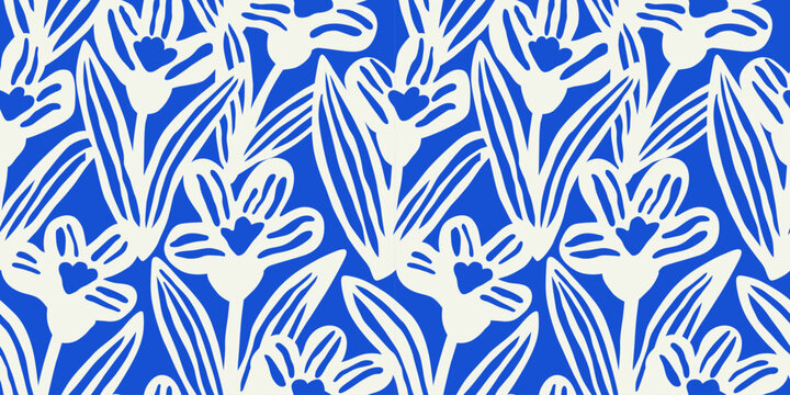 Blue flower art seamless pattern illustration. Organic nature floral background in vintage style. Spring season decoration texture, drawing print.