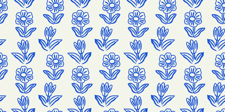 Blue flower art seamless pattern illustration. Organic nature floral background in vintage style. Spring season decoration texture, drawing print.