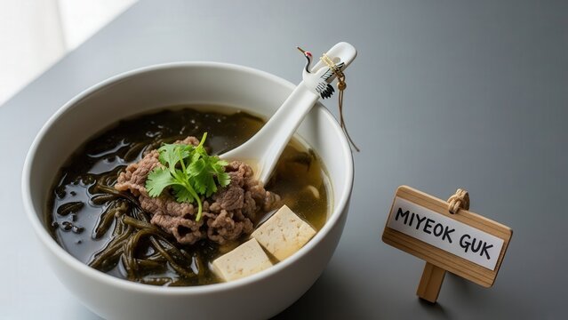 Gourmet Miyeok Guk seaweed soup with beef, elegant traditional presentation with ocean-gray copy space