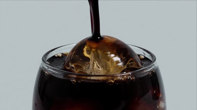 Cinematic iced drink macro background dark soda pour over clear round ice cube in glass with fizzy bubble texture splash closeup cool refreshment cold soda beverage minimal modern style
