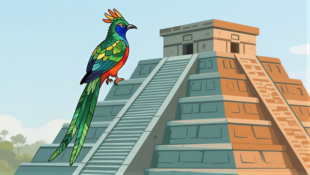Vibrant quetzal perches atop ancient pyramid stairs under clear blue sky.
