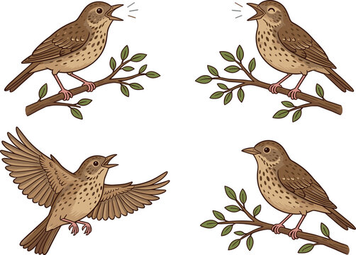 Singing nightingale bird vector set featuring detailed brown skylarks perched on green tree branches and one small sparrow flying with open wings.