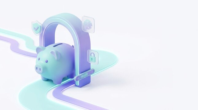 Piggy bank entering secure digital gateway for financial growth and protection