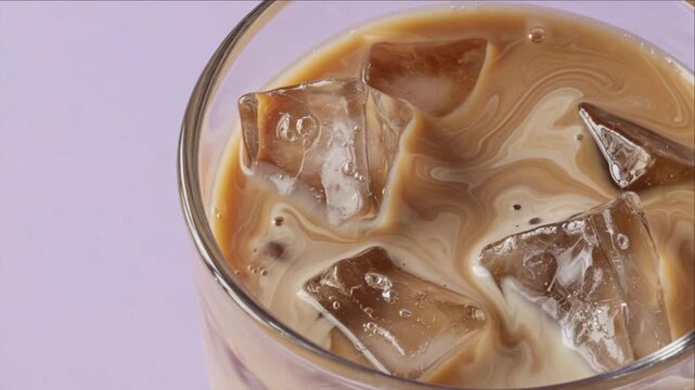 Cinematic iced drink macro glass swirl coffee milk background blends creamy liquid and ice cube texture dreamy refreshment chilled beverage closeup abstract pattern minimal pastel summer mood