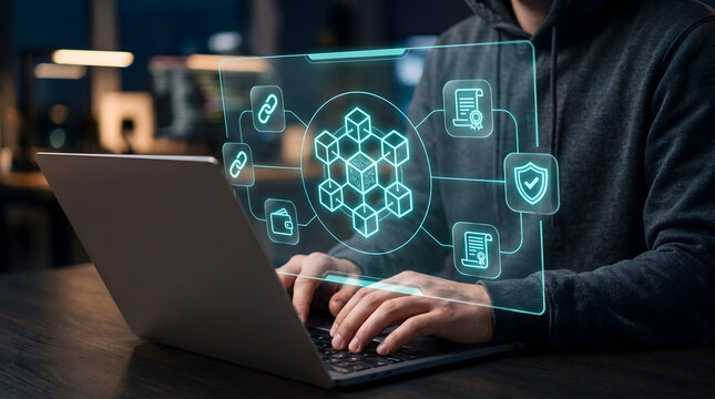 Blockchain developer using futuristic digital interface to visualize decentralized network technology and secure transactions