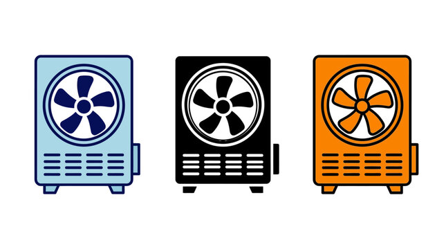 Air conditioner outdoor unit icons, HVAC heat pump system vector set, cooling and heating ventilation equipment in blue and orange