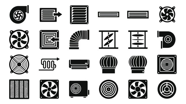 HVAC ventilation system icons set, black air conditioning and cooling vector symbols, 24 industrial fan and vent glyphs