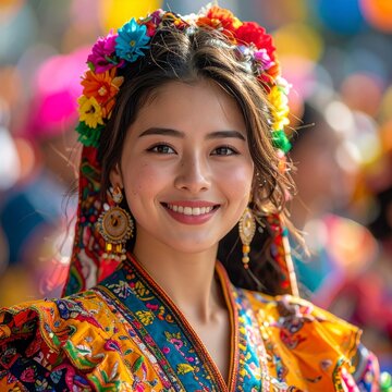Young woman in vibrant floral headpiece smiling joyfully. Happy Asian female model with colorful flower crown and traditional patterned clothing ou...
