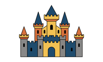 Fototapeta premium Stylized medieval castle fortress with pointed towers and battlements in a bold flat color style isolated on white, minimal architecture design concept