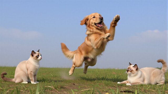 Golden dog leaps joyfully as two cats watch from grassy field under blue sky.