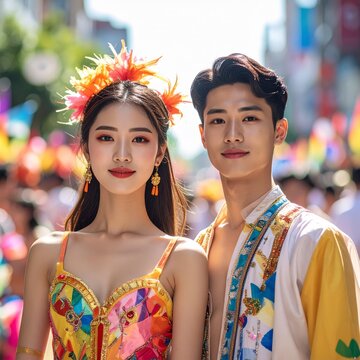 Asian couple at pride parade. Young people celebrating diversity festival.