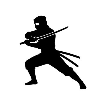 Stealthy Ninja Warrior Silhouette Wielding a Sharp Katana Blade for Combat Training and Martial Arts